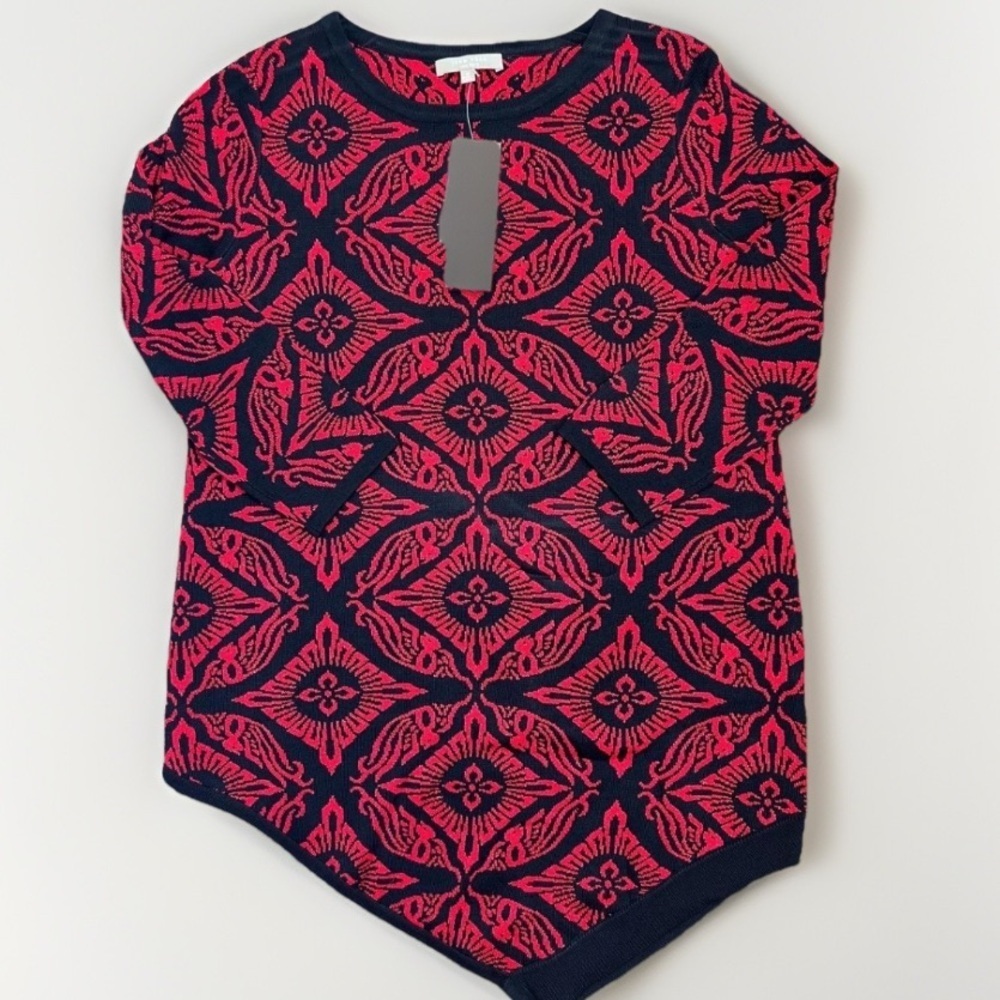 Joan Vass New York Sweater Tunic Size S Black Red Jacquard Asymmetrical Hem